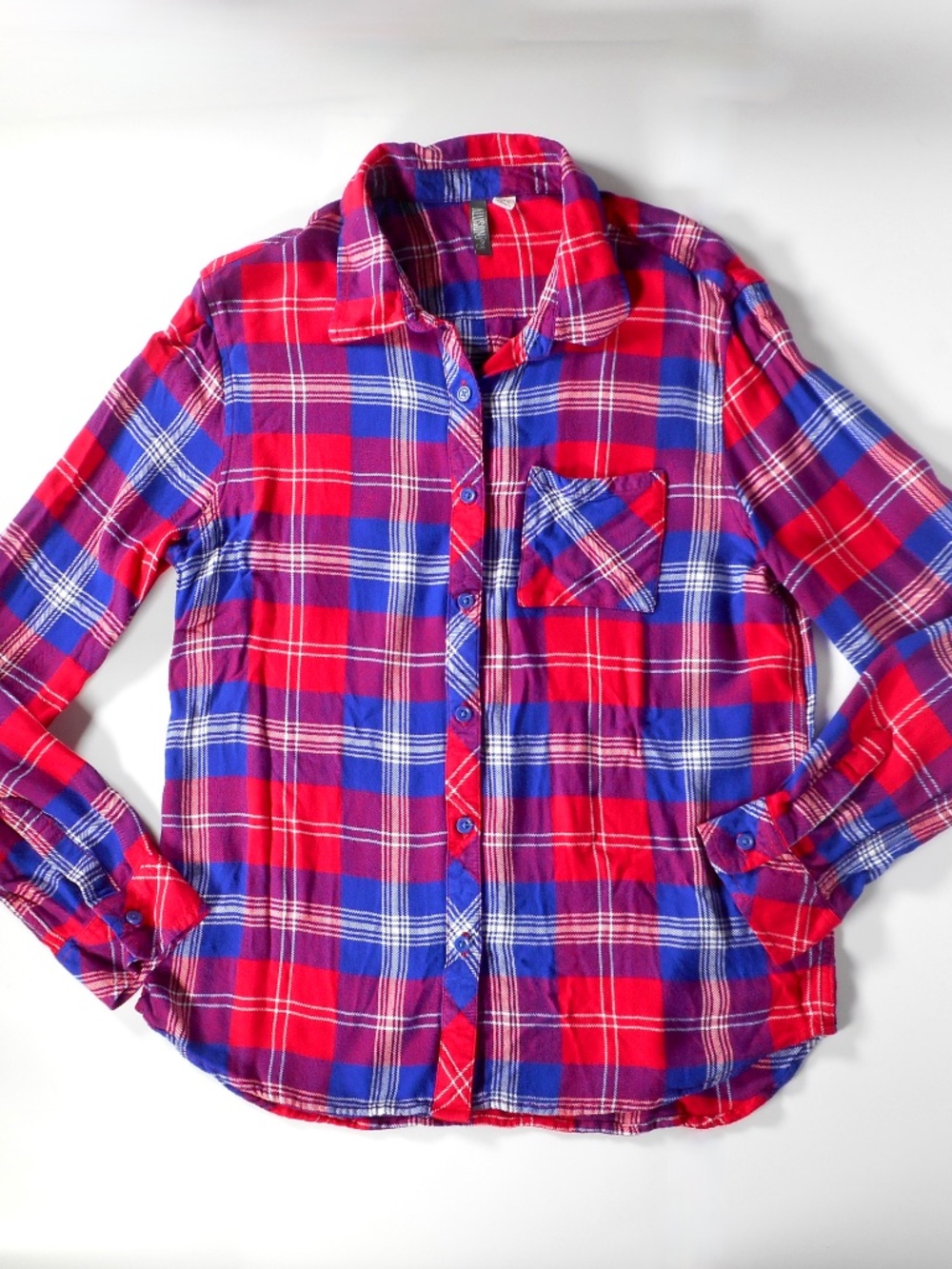 Allison Joy Blue Red Sz M Plaid Shirt Top Long Sleeve Roll-Tab Rayon White
